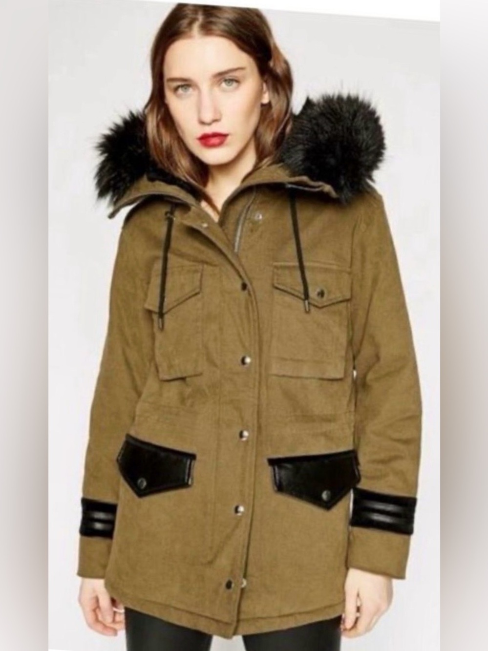 The Kooples Maggy faux fur hooded khaki green coat w black leather trim size XXS
